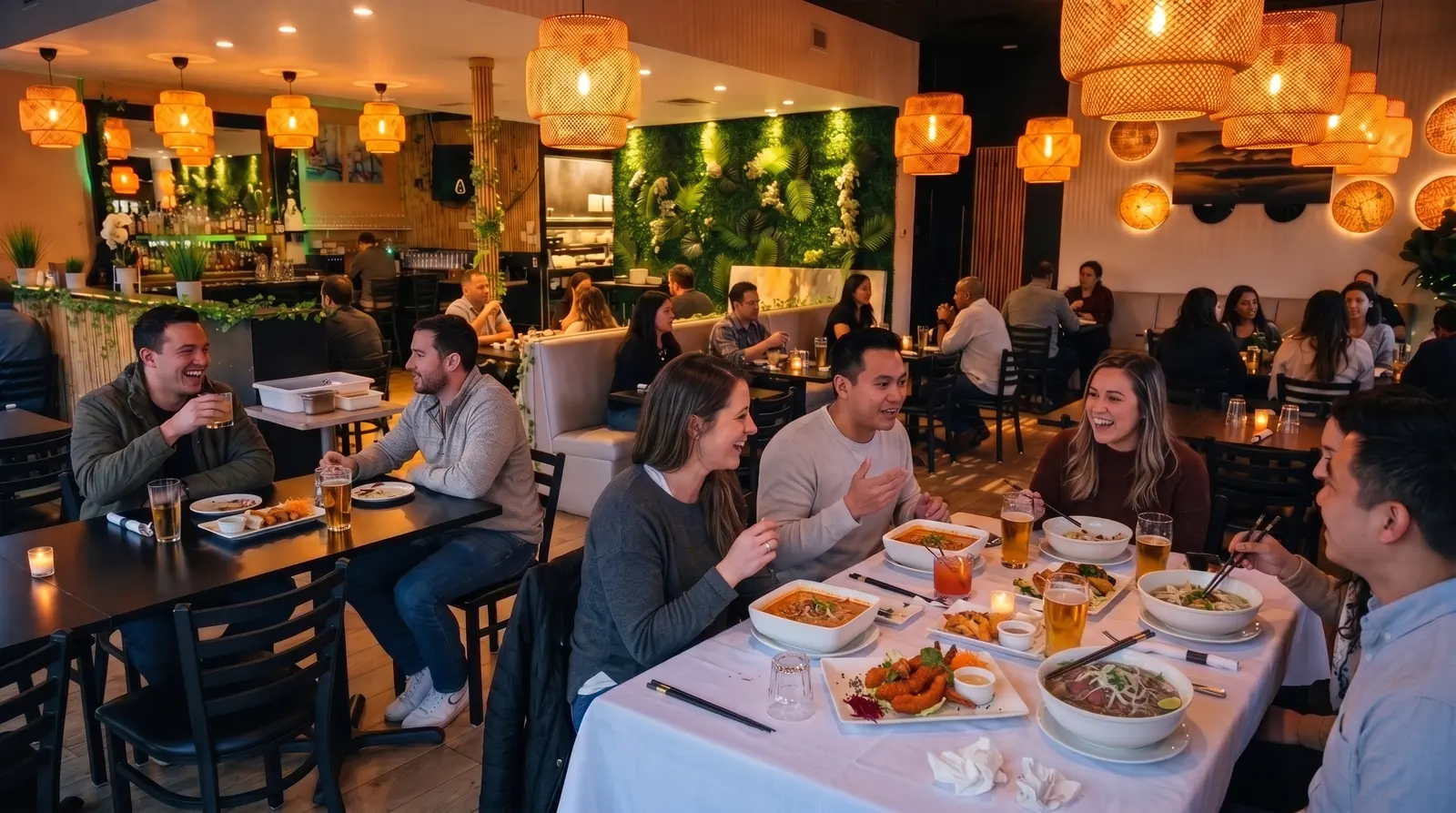 Groupes à table dans la salle de Phở & Co., bols de phở et rouleaux impériaux